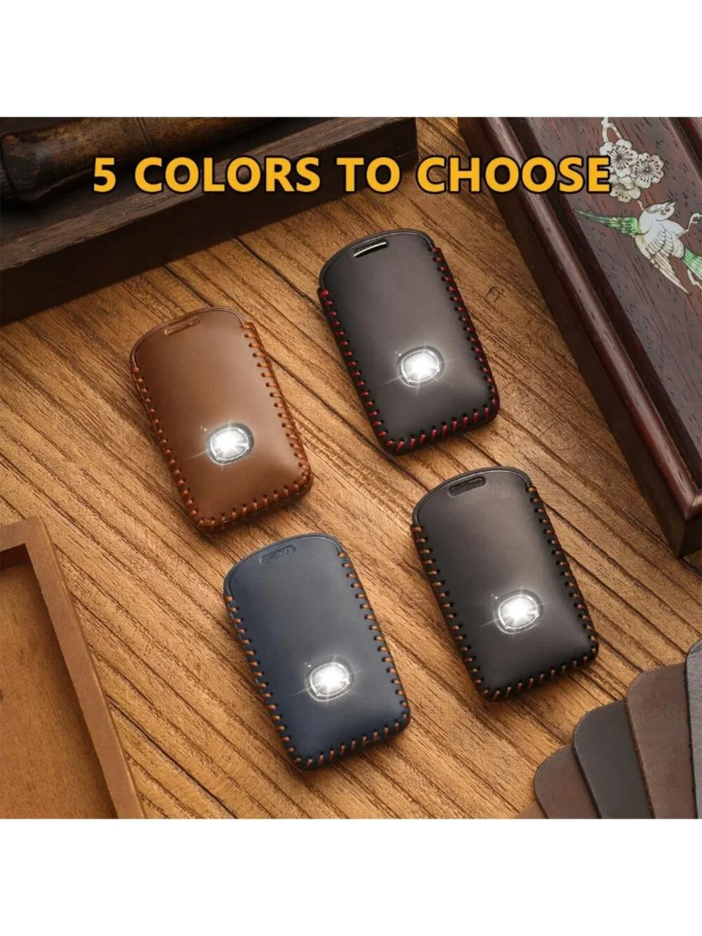 Leather Key Fob Cover for Mazda - 4 Button Protective Case, Blue-Brown Design